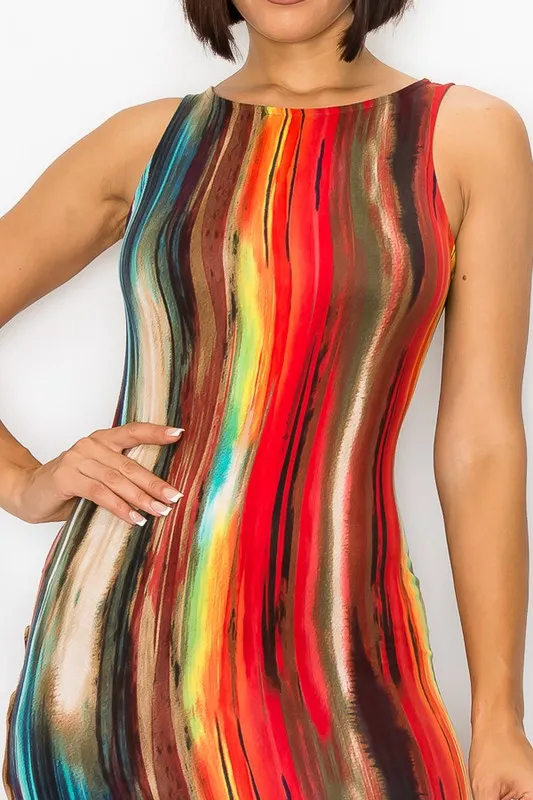 Painted Print Sleeveless Bodycon Maxi Dress with Side Slit