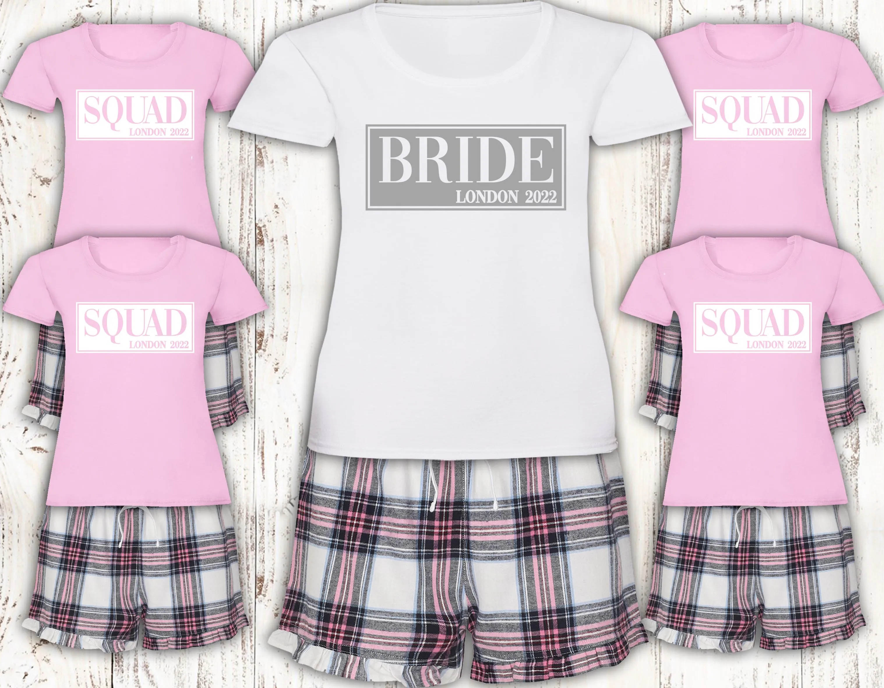 Personalised Bride Squad Pyjamas Matching Pajamas Pink Tartan Loungewear Adult Pjs Hen Do Bachelorette Pyjamas London 2022 Any L