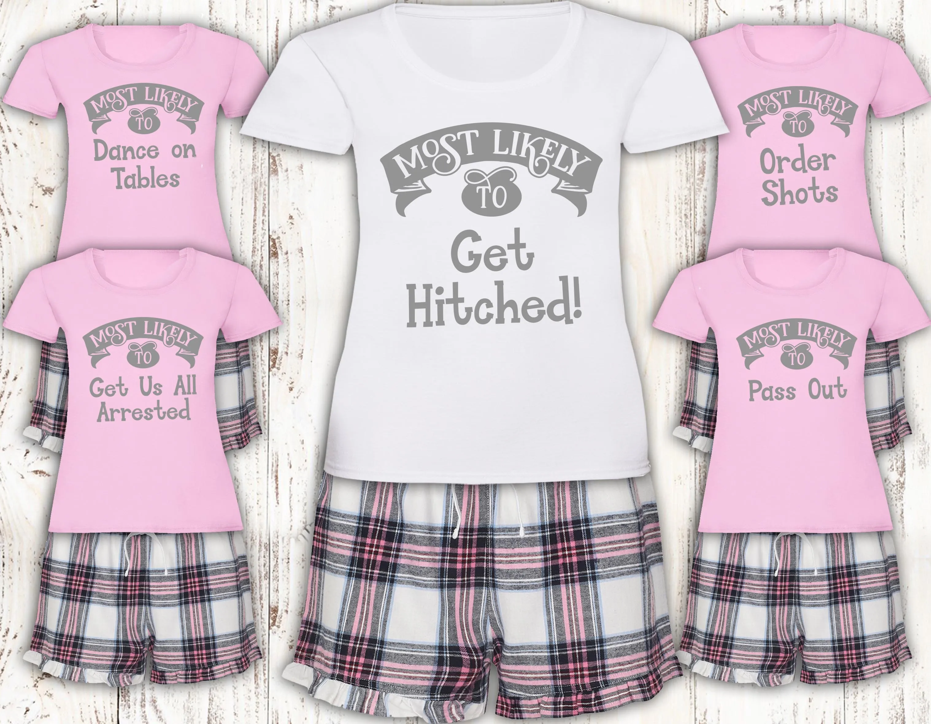 Personalised Girls Most Likley To Weekend Pyjamas Matching Pajamas Pink Tartan Loungewear Adult Pjs Hen Do Bachelorette Pyjamas