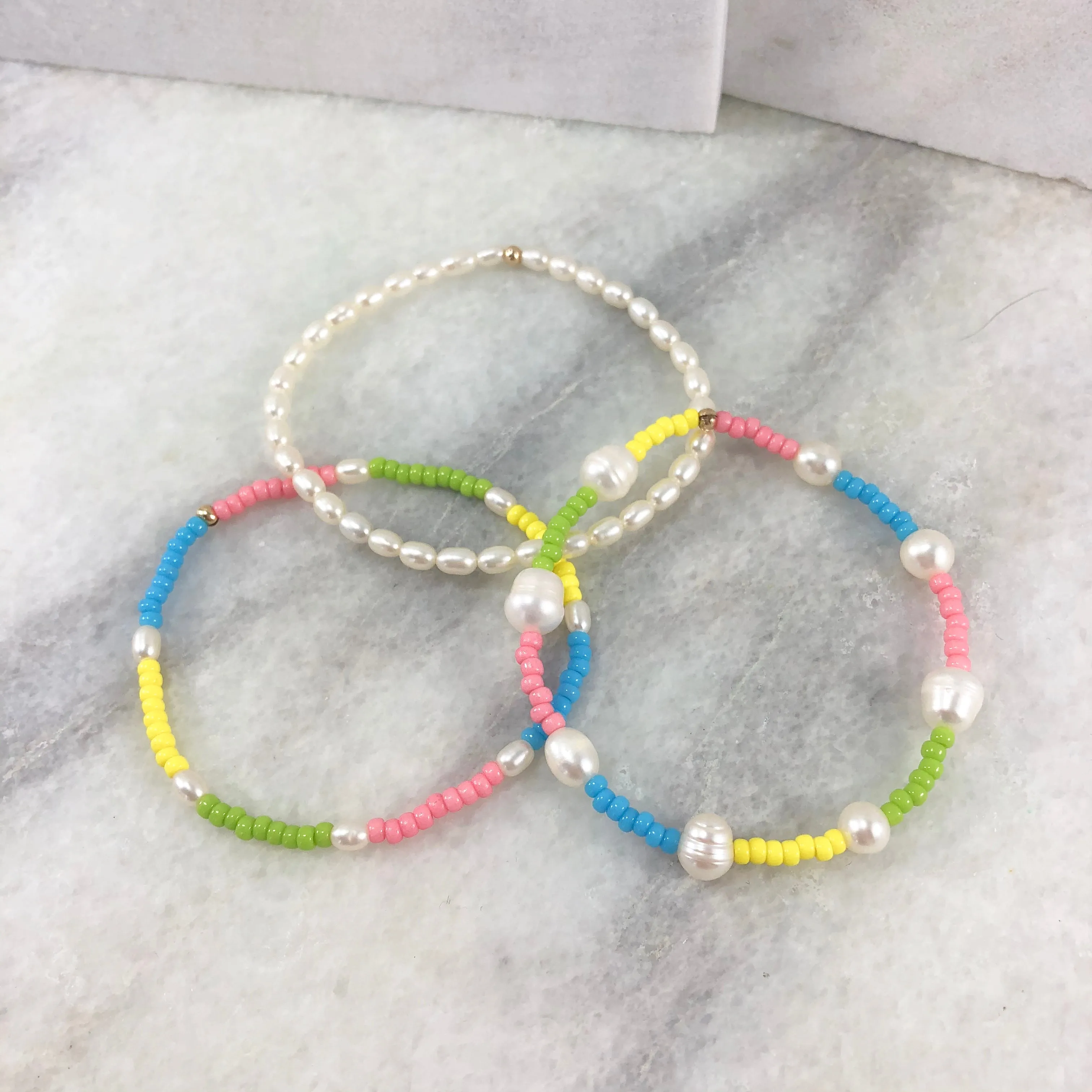 Rainbow Pearl Elastic Bracelet Project with Charm Bracelet