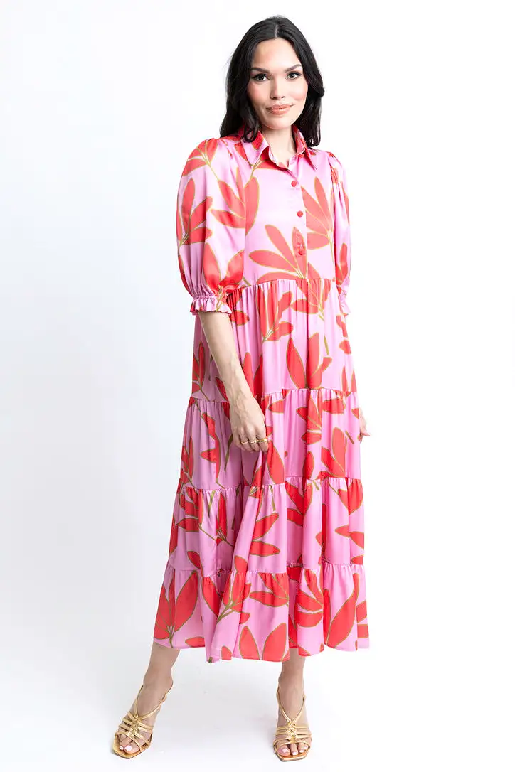 Satin Palm Tier Maxi Dress