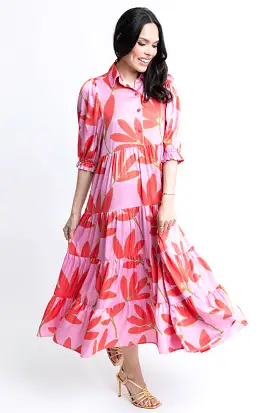 Satin Palm Tier Maxi Dress