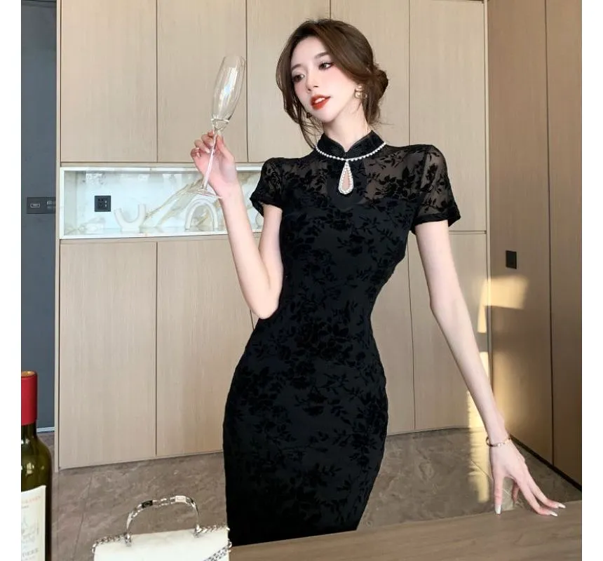 Short-Sleeve Floral Jacquard Cutout Midi Bodycon Dress kk35