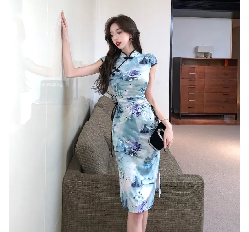 Short-Sleeve Floral Print Frog Buttoned Drawstring Midi Bodycon Dress kk36