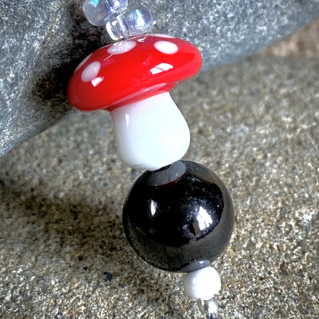 Shungite Clip-On with Red & White Glass Mushroom, Fun & Colorful