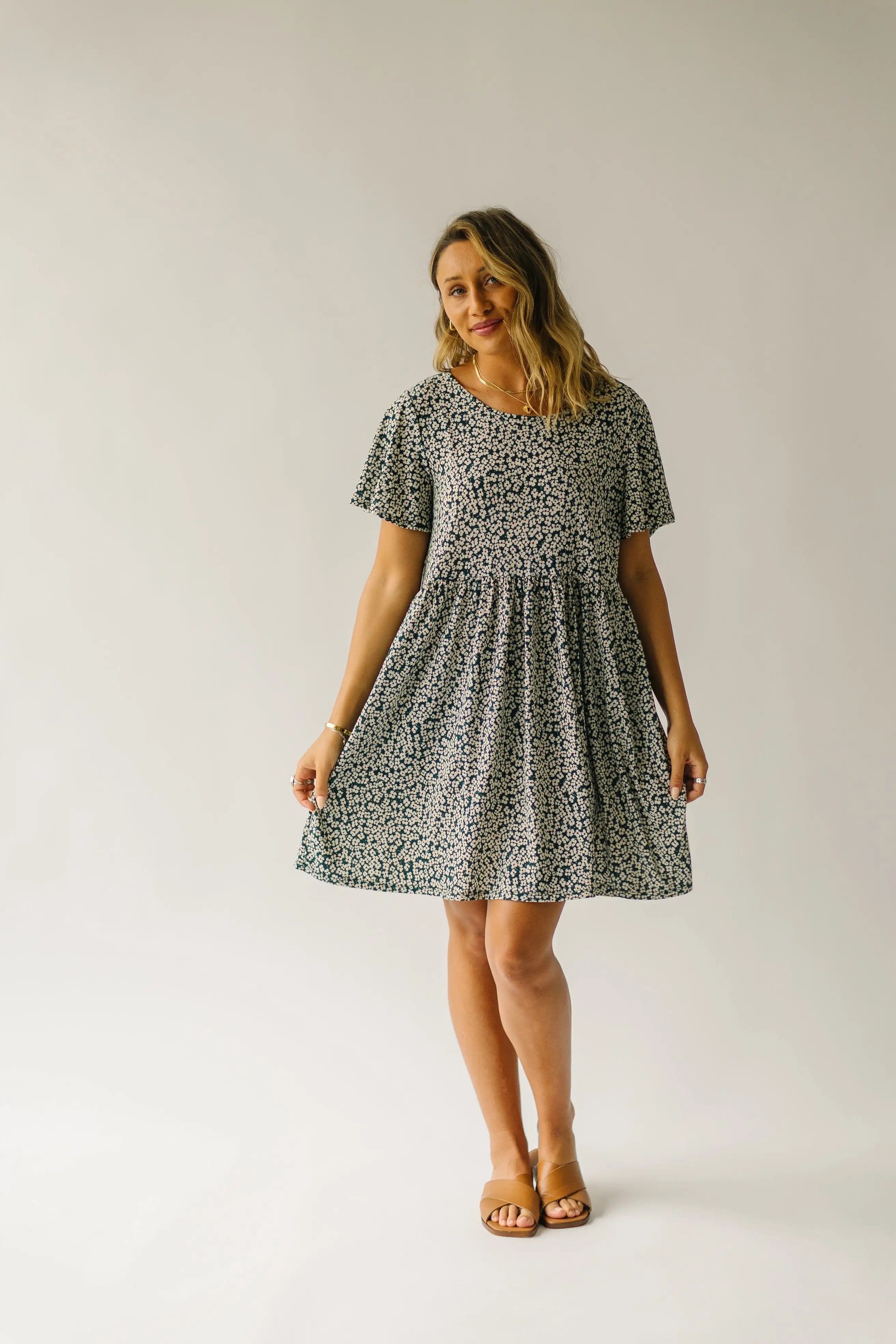 The Egan Flutter Sleeve Floral Dress in Hunter Green