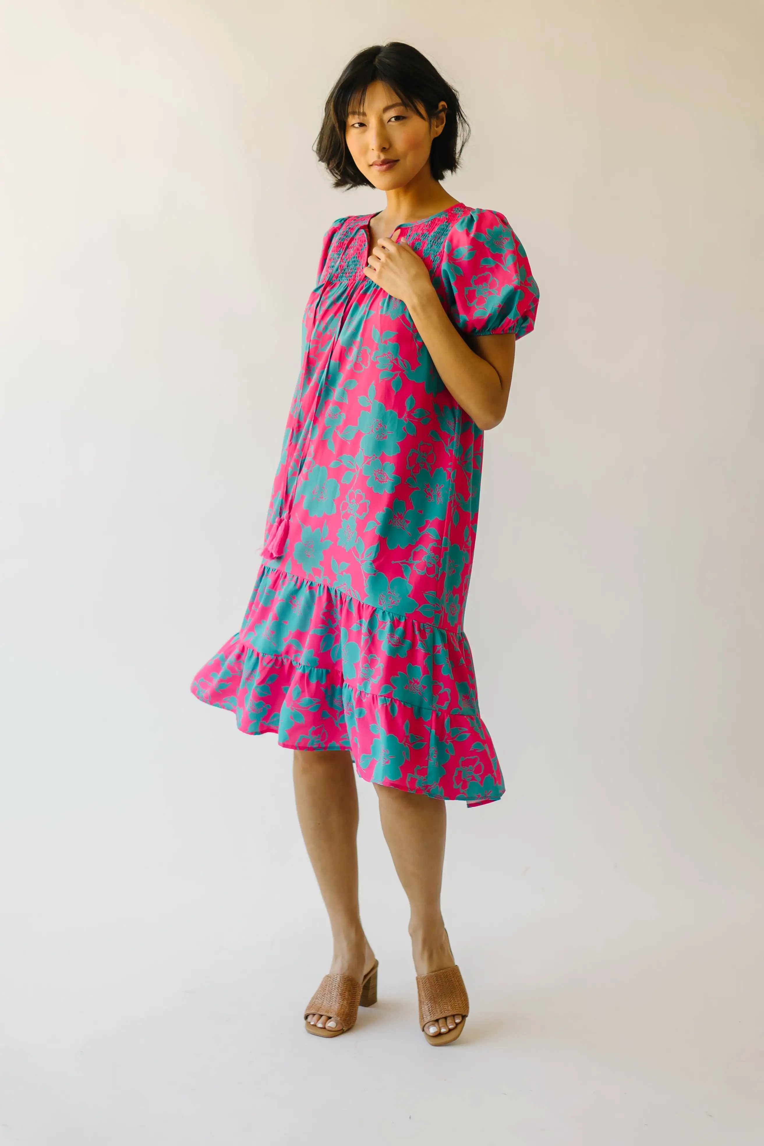 The Magdalena Smocked Detail Floral Dress in Fuchsia