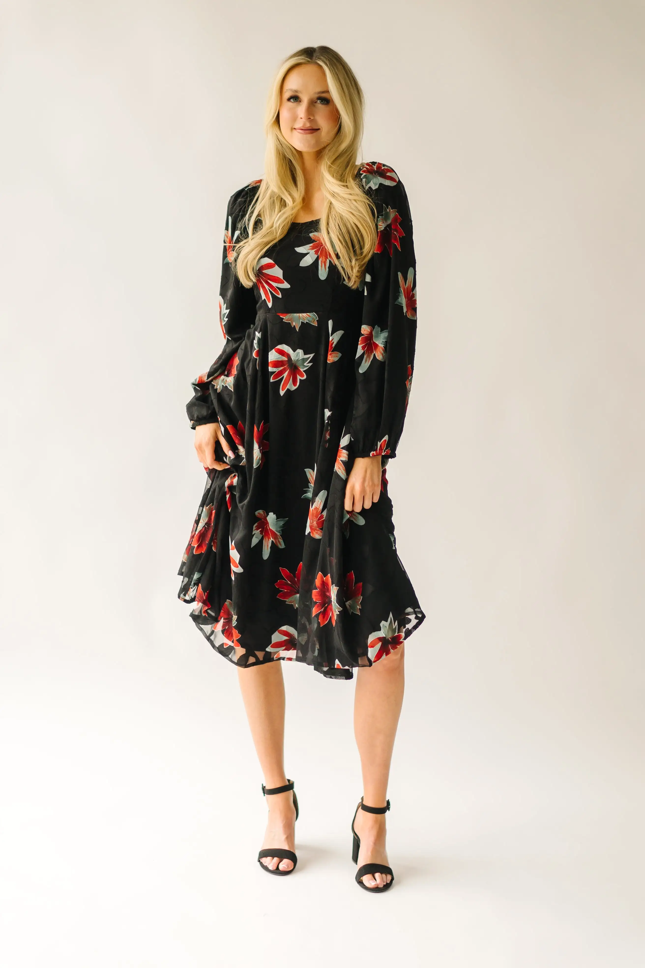 The Olander Square Neck Floral Dress in Black Multi