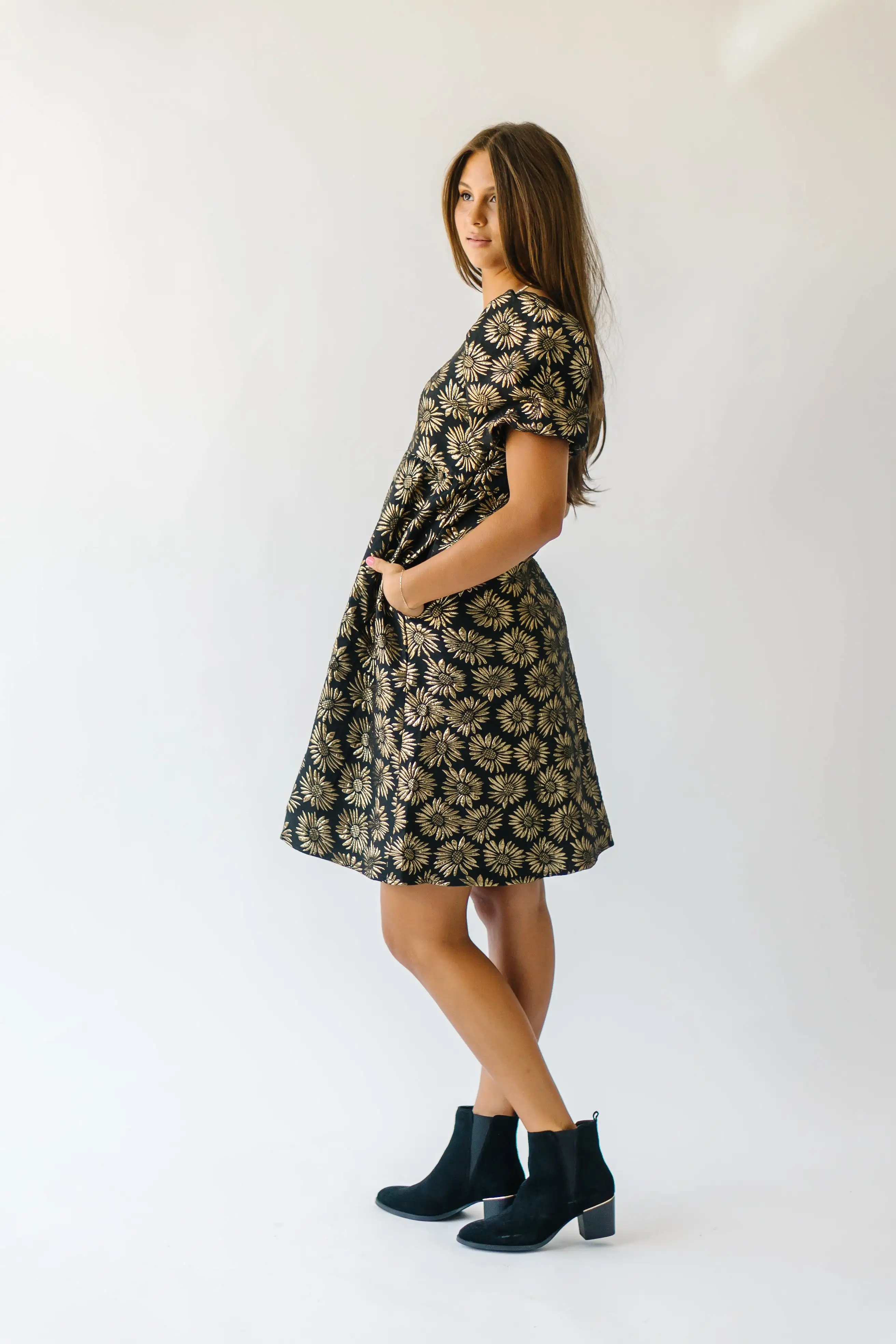 The Poplin Jacquard Floral Dress in Black