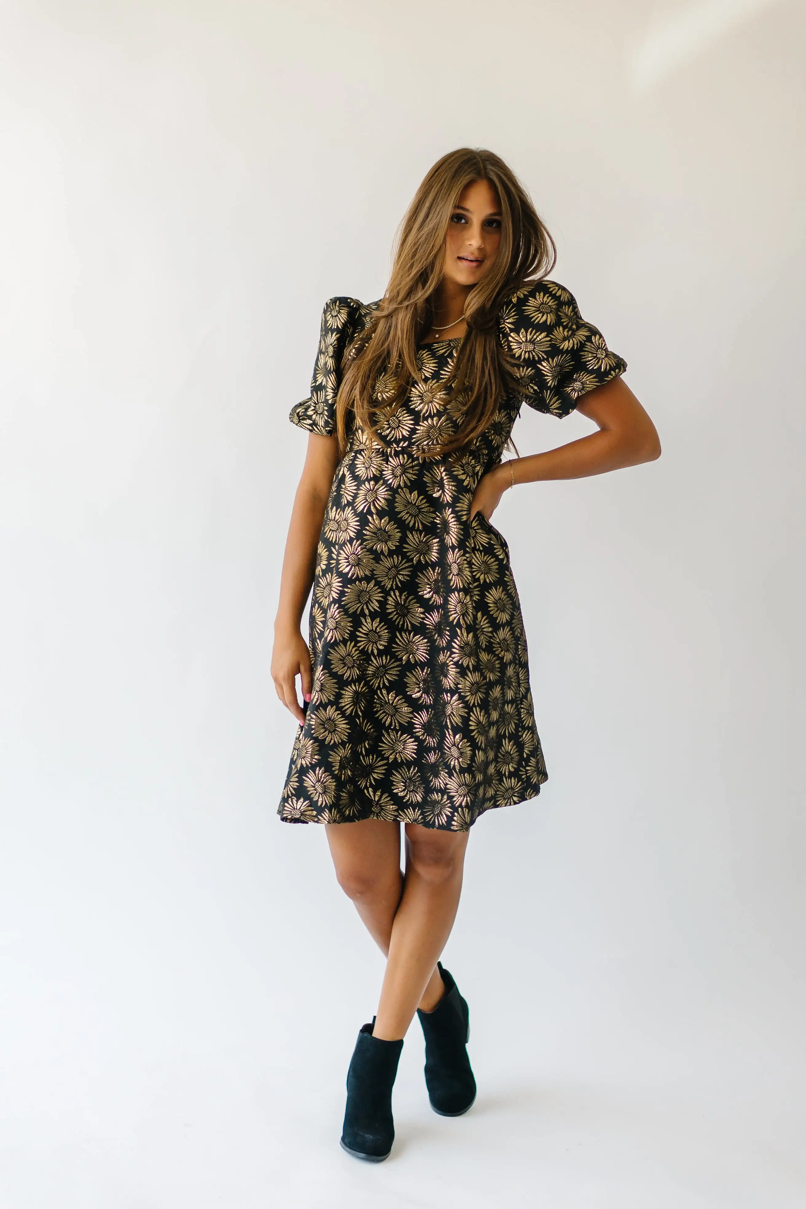 The Poplin Jacquard Floral Dress in Black