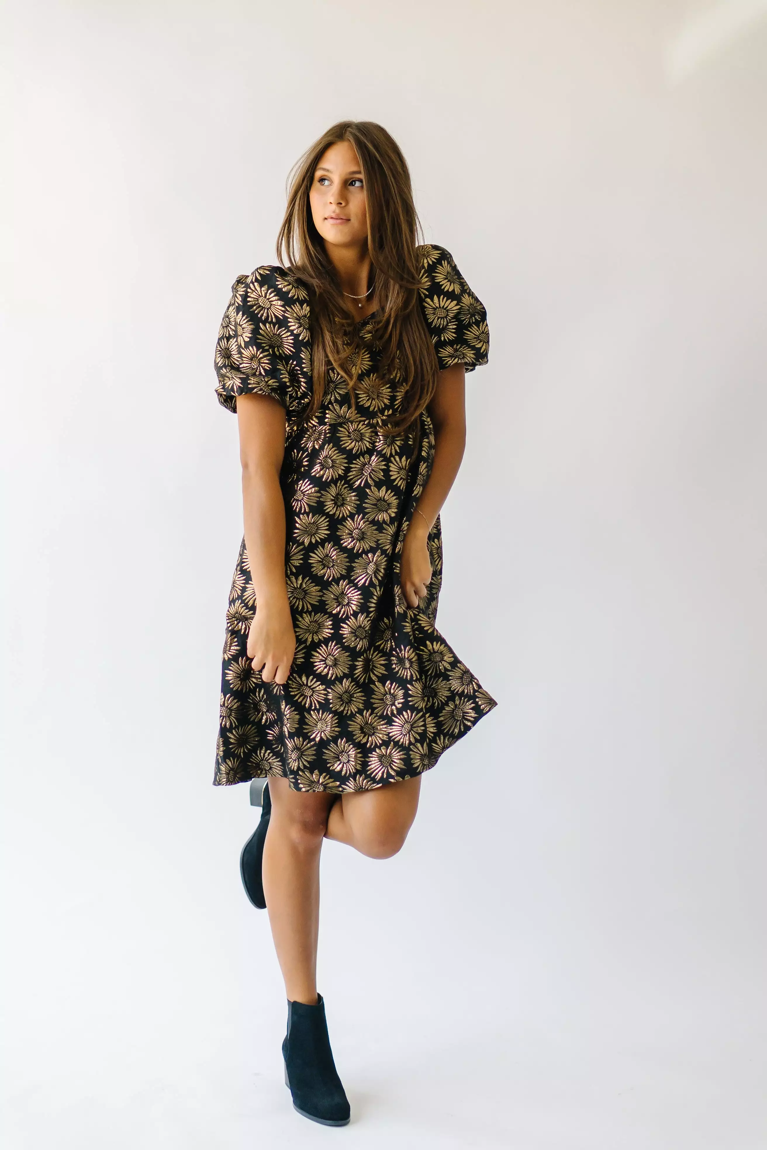 The Poplin Jacquard Floral Dress in Black