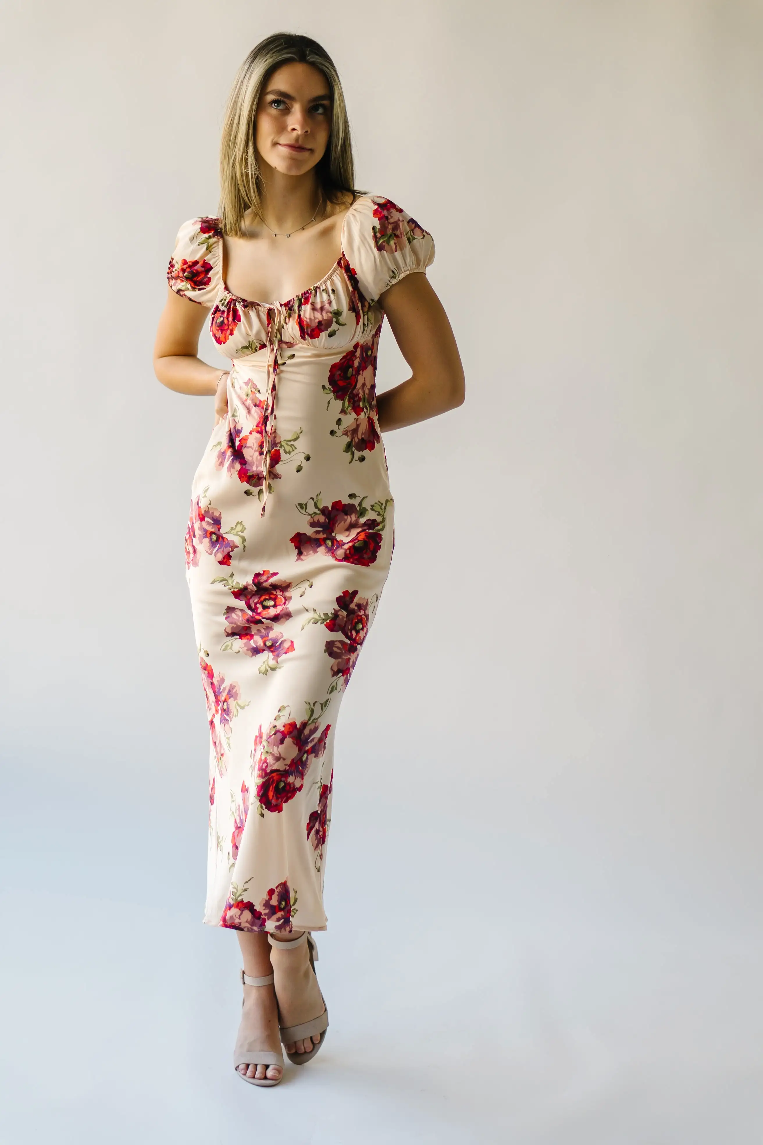 The Rodessa Satin Floral Dress in Cream