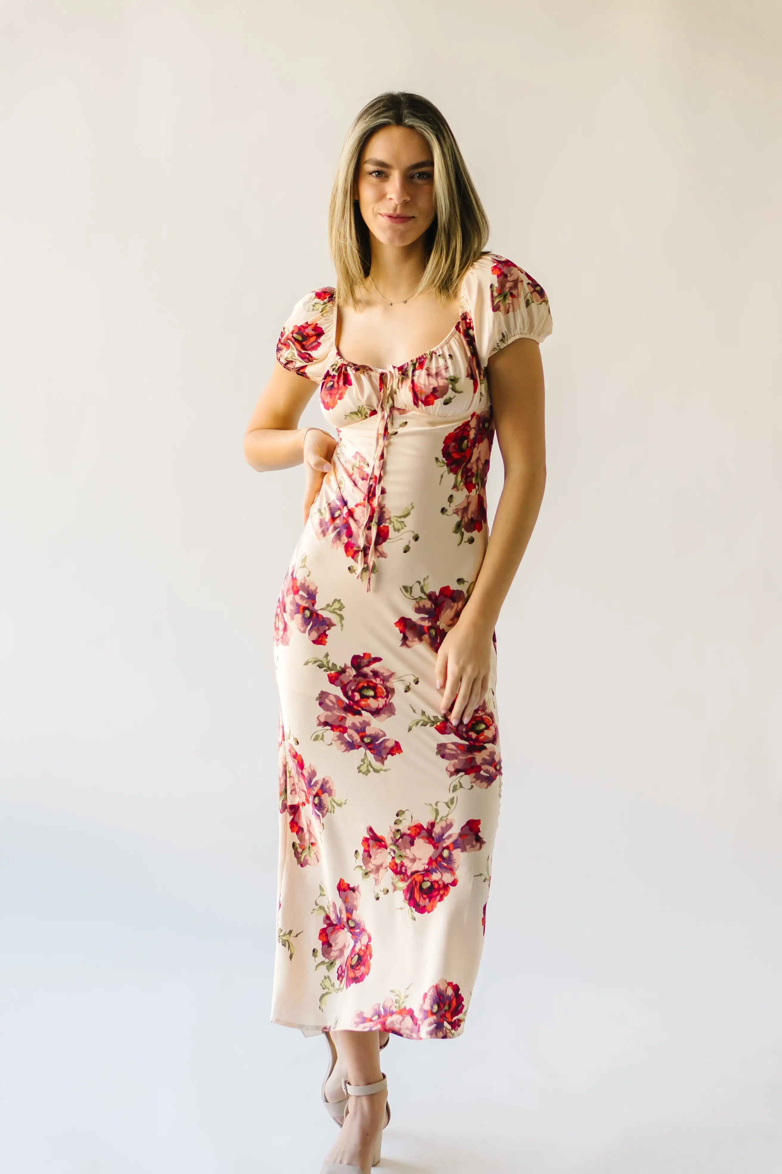 The Rodessa Satin Floral Dress in Cream