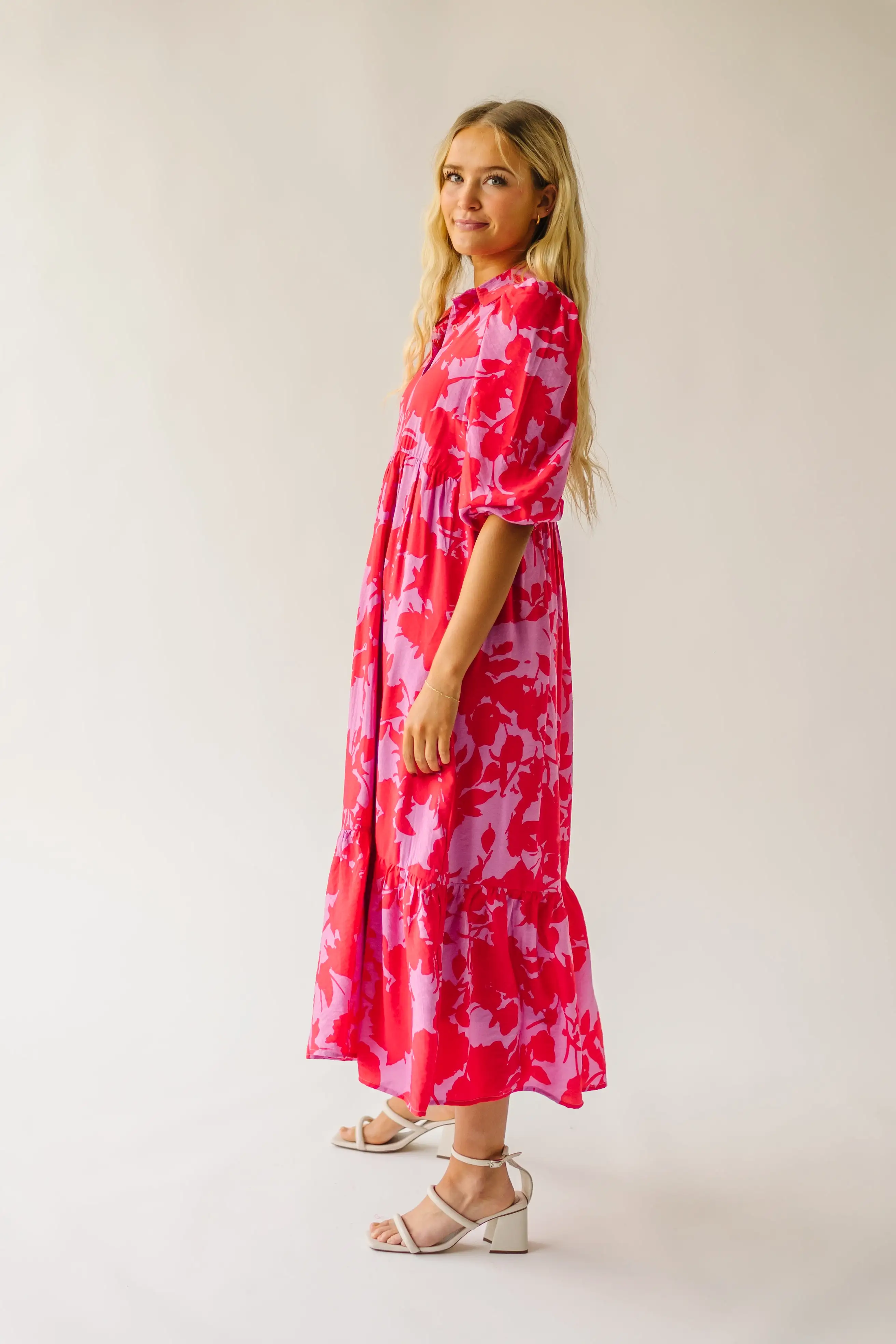 The Schwan Patterned Floral Dress in Pink + Red