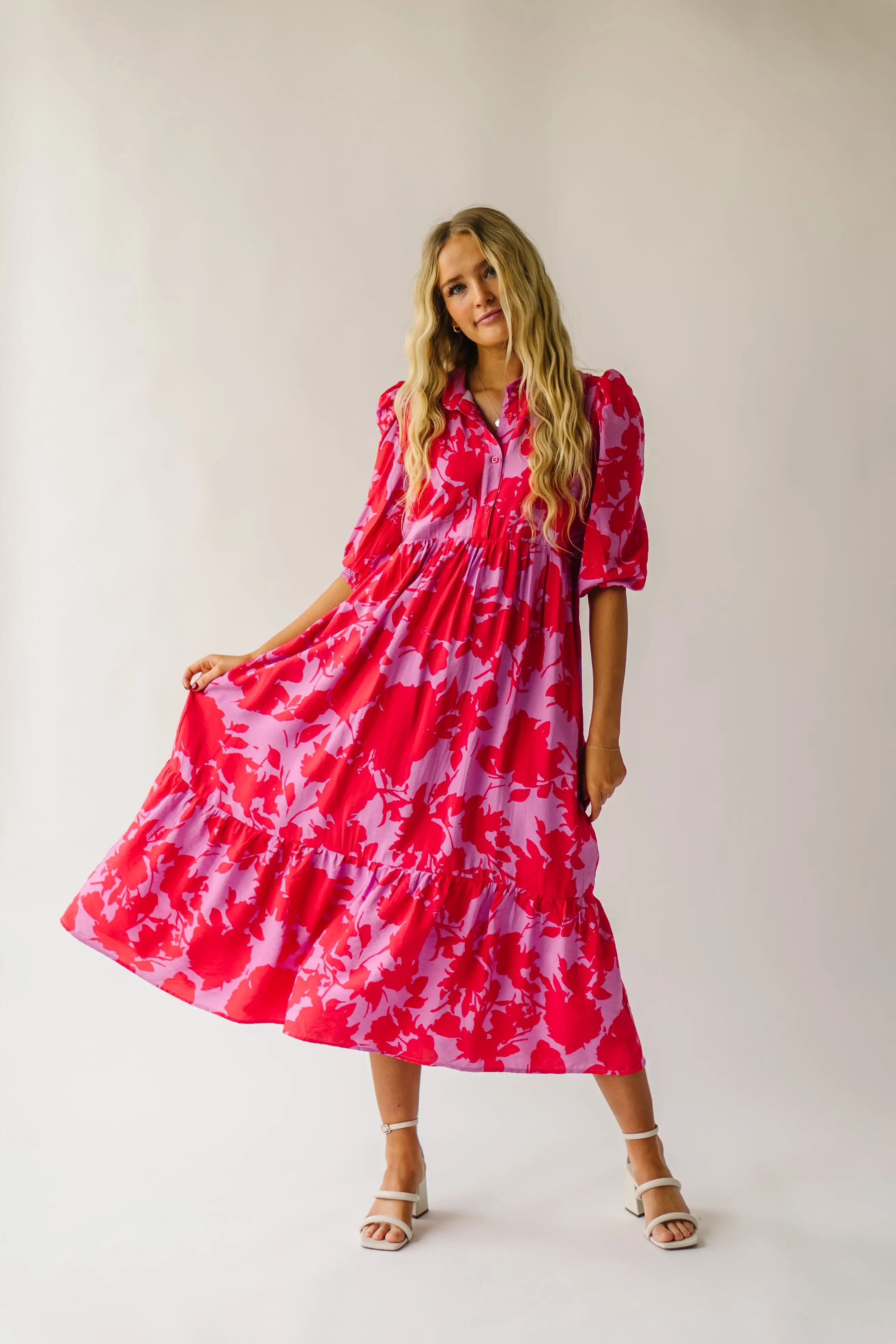 The Schwan Patterned Floral Dress in Pink + Red