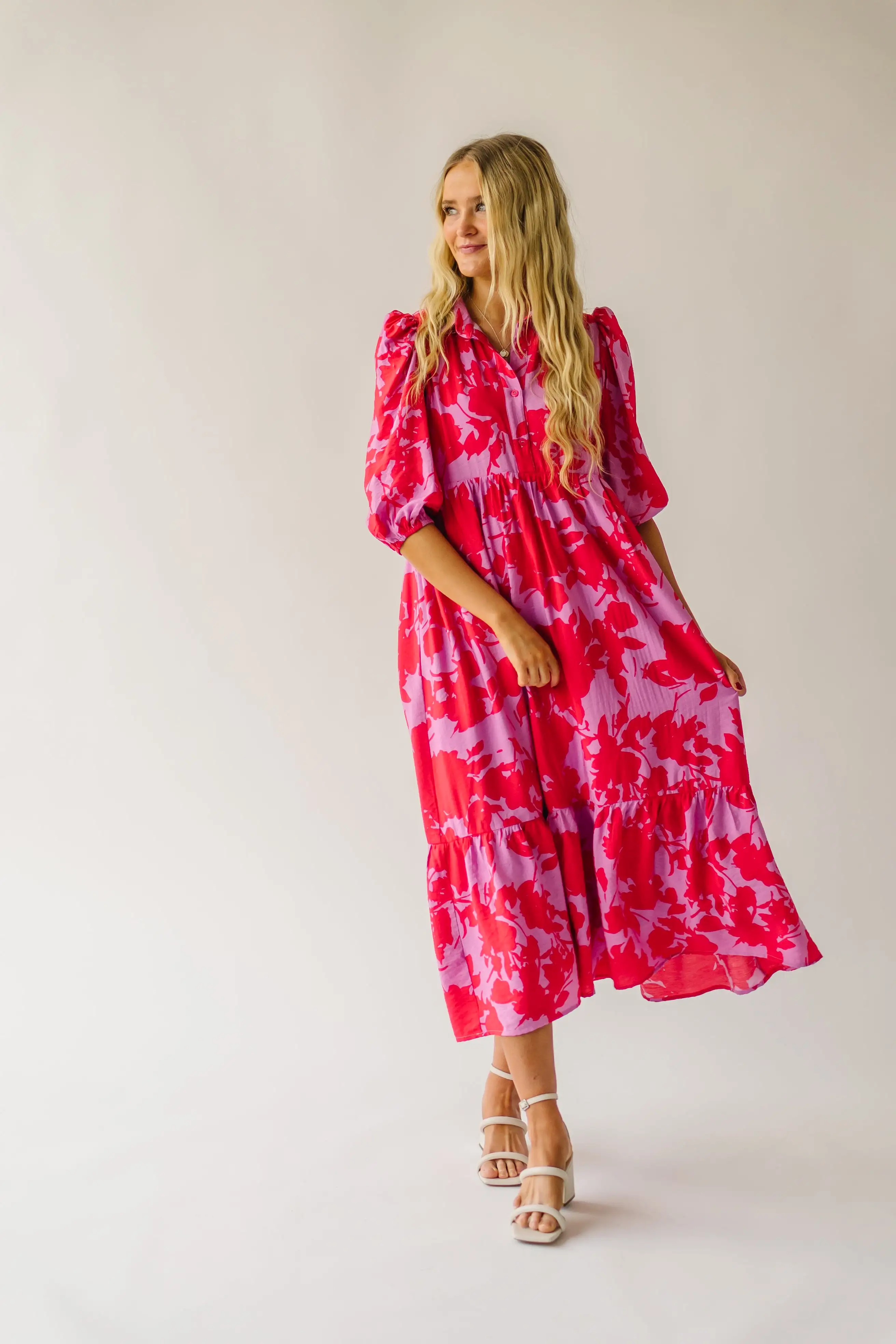 The Schwan Patterned Floral Dress in Pink + Red