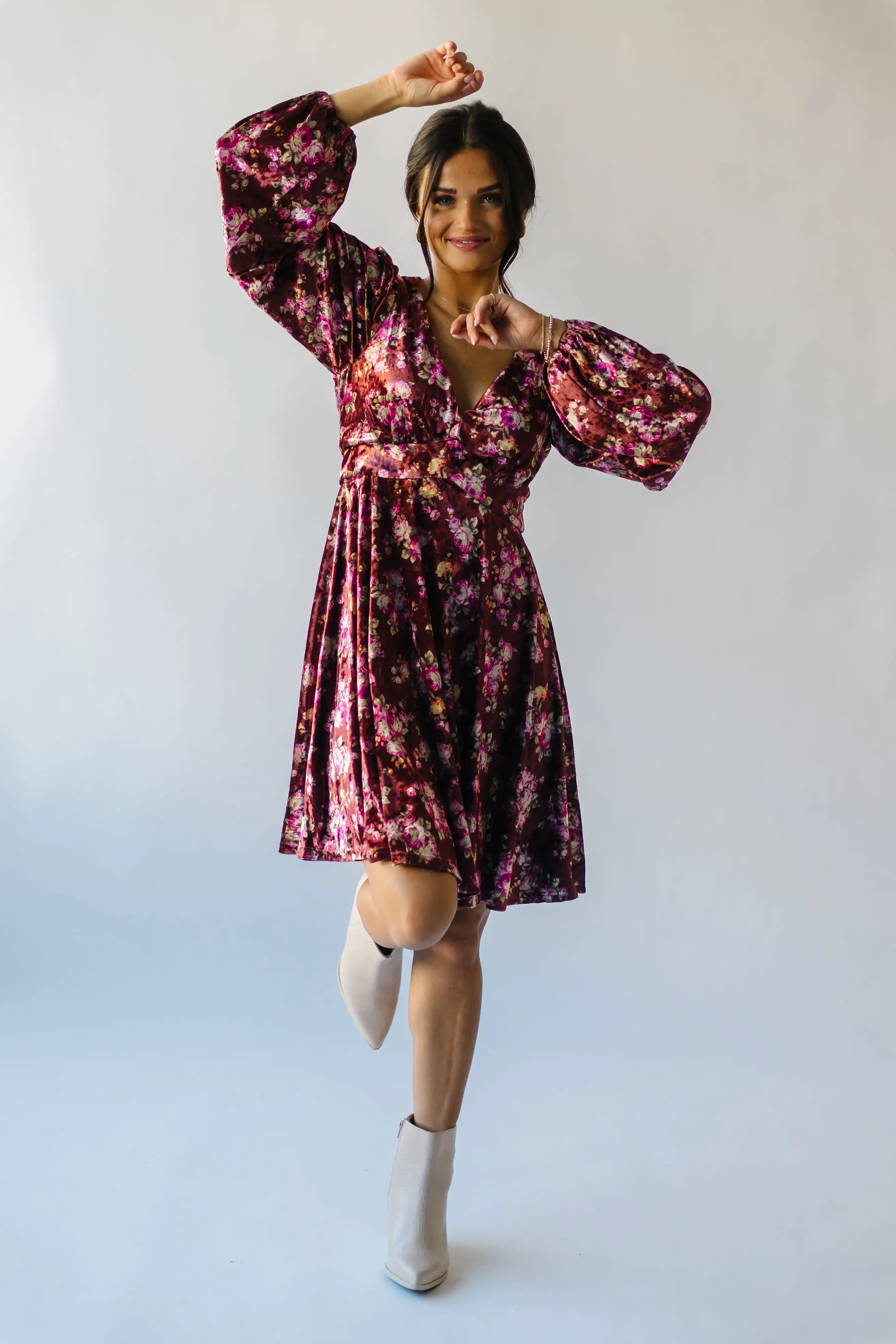 The Zaden V-Neck Velvet Floral Dress in Auburn