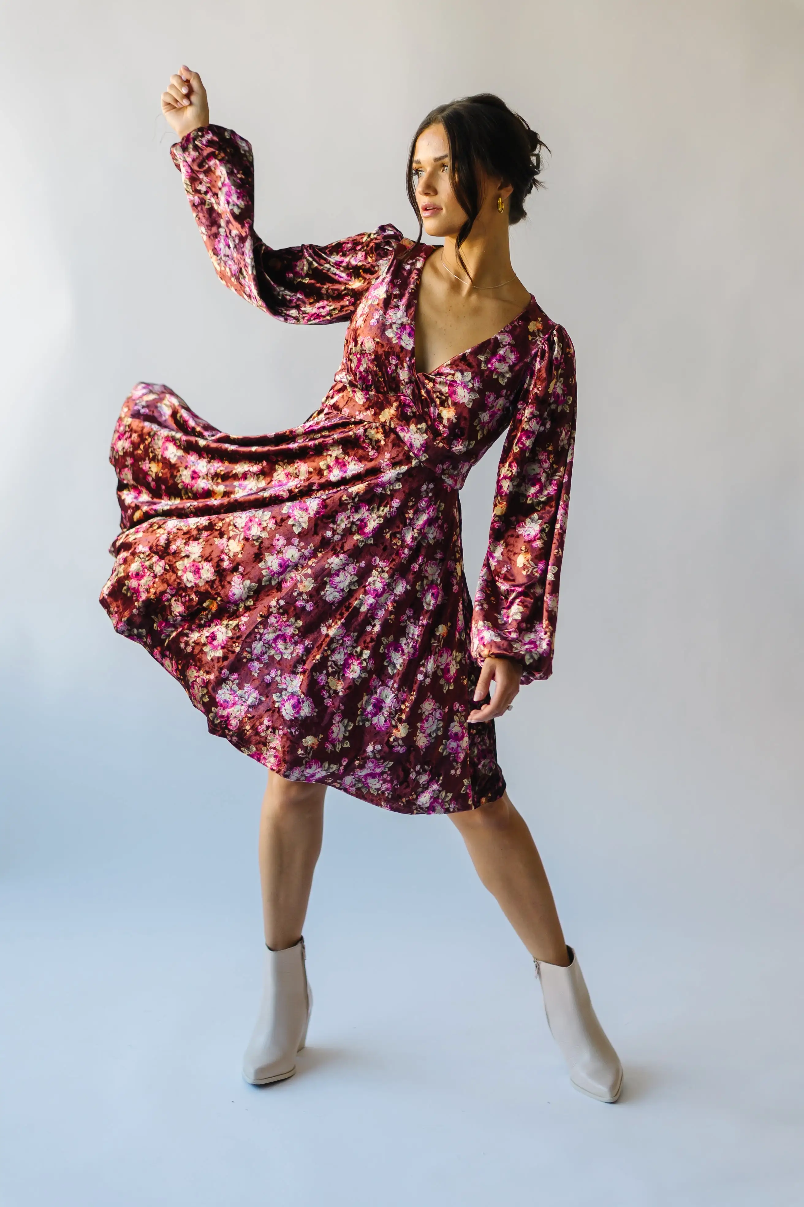 The Zaden V-Neck Velvet Floral Dress in Auburn