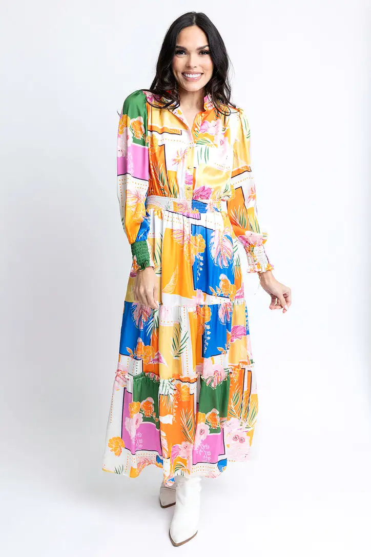 Troical Leaf Satin Maxi Dress