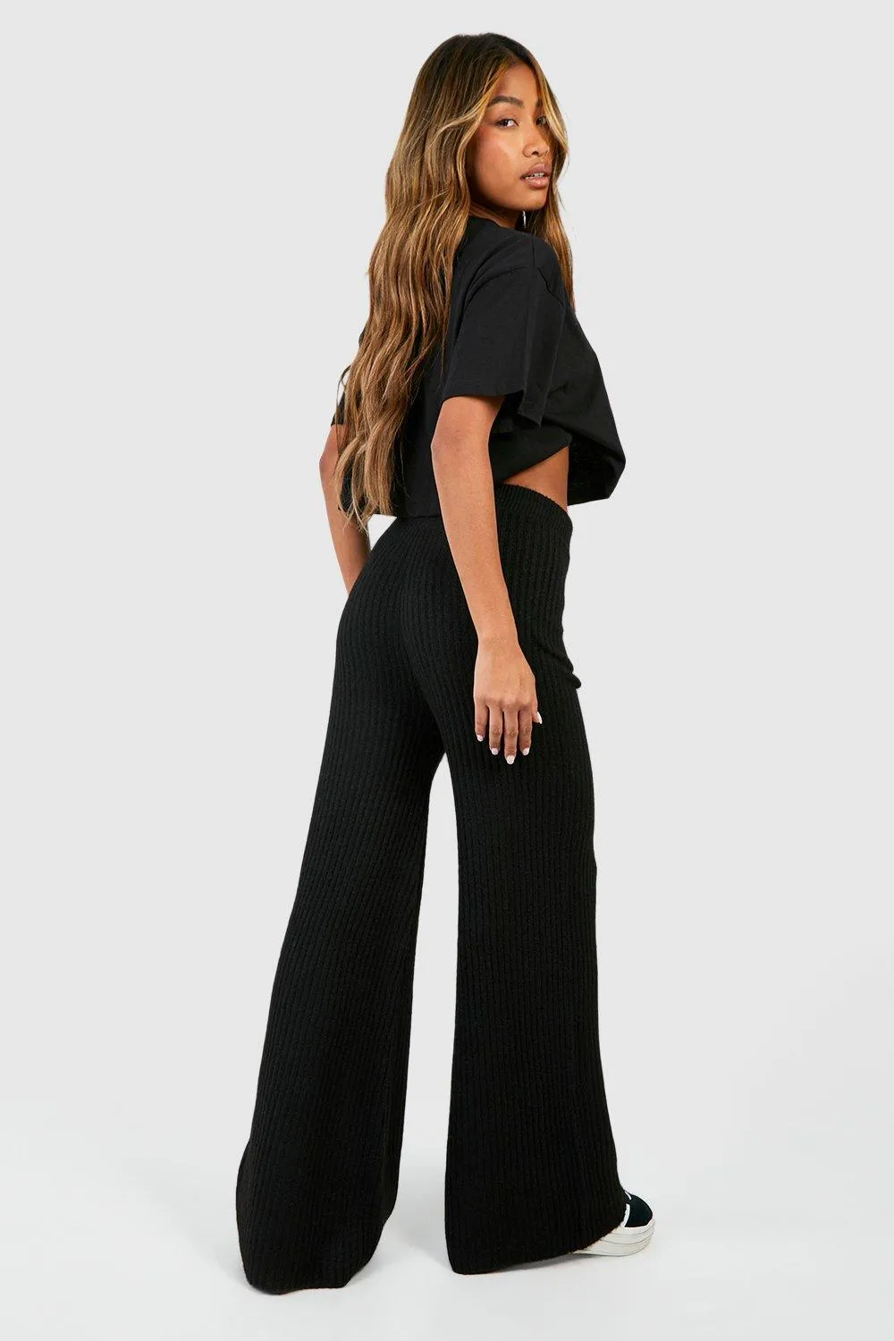 Trousers | Soft Rib Knit Wide Leg Trousers | boohoo