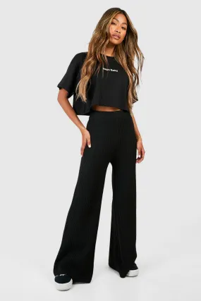 Trousers | Soft Rib Knit Wide Leg Trousers | boohoo