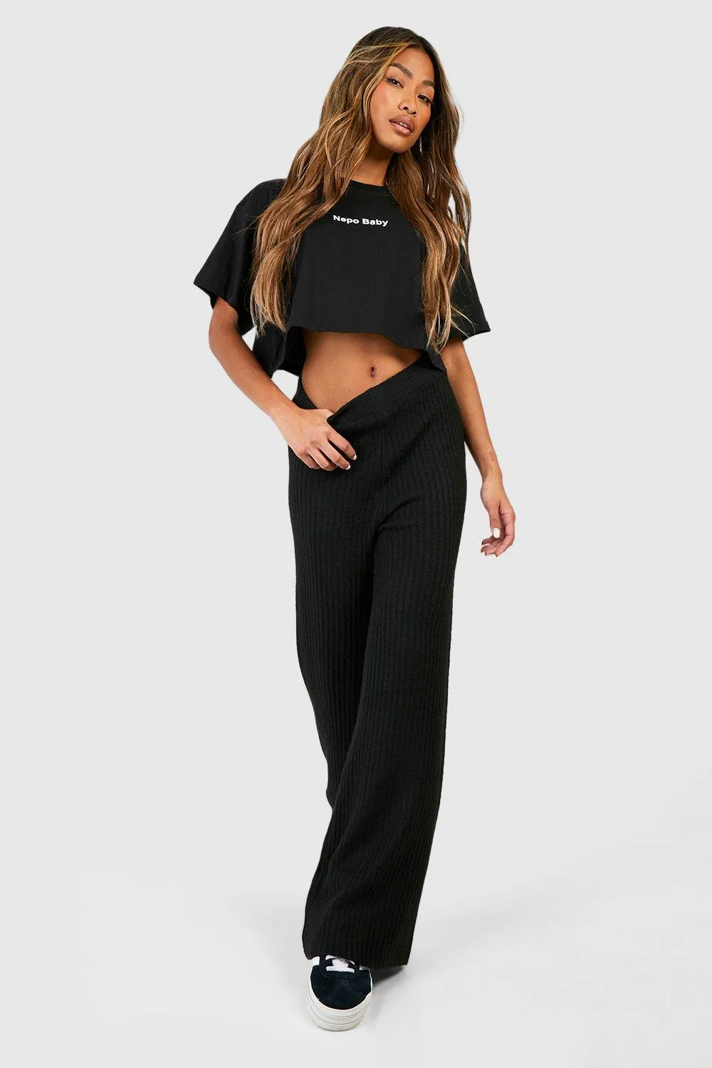 Trousers | Soft Rib Knit Wide Leg Trousers | boohoo