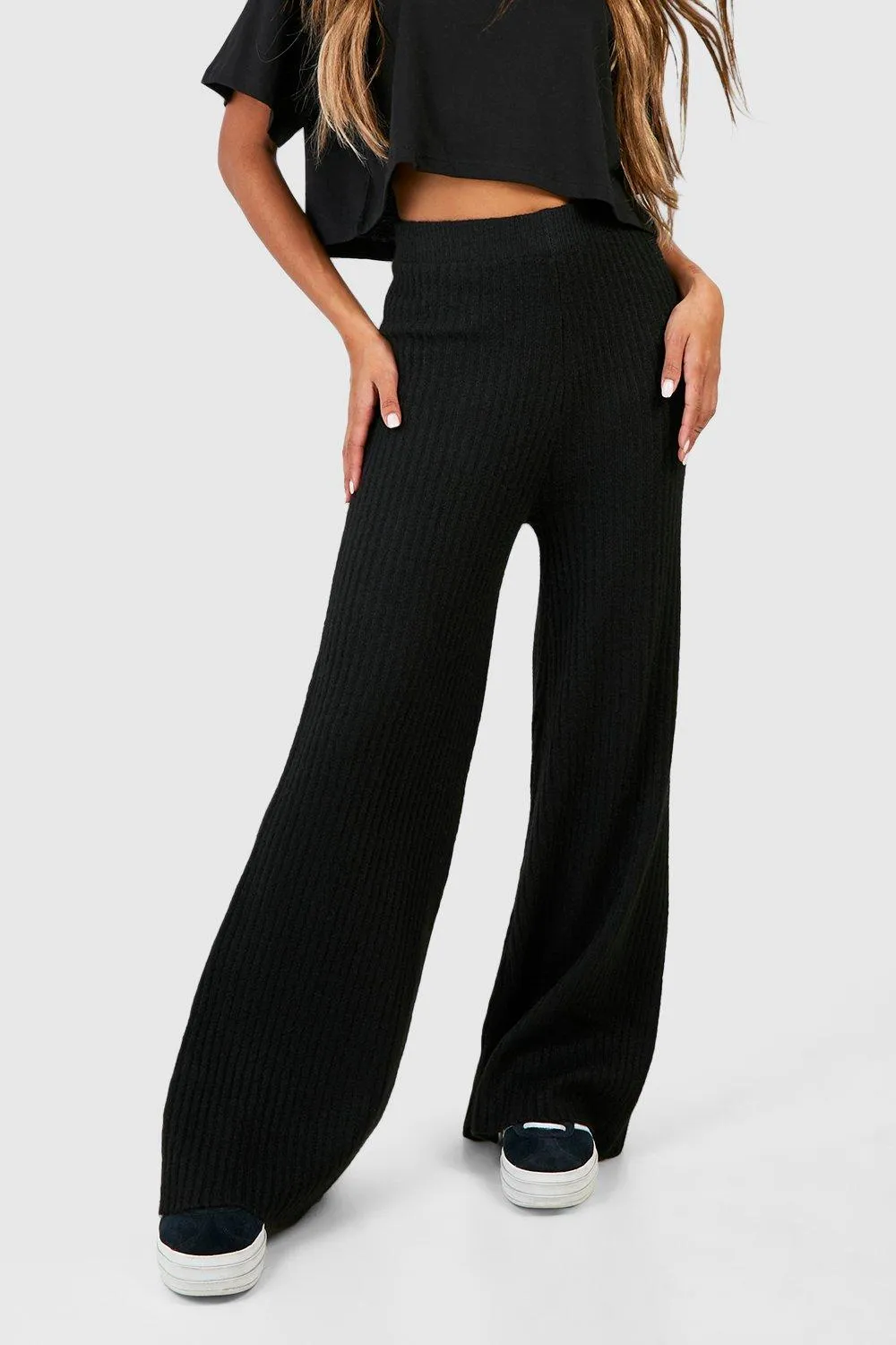 Trousers | Soft Rib Knit Wide Leg Trousers | boohoo