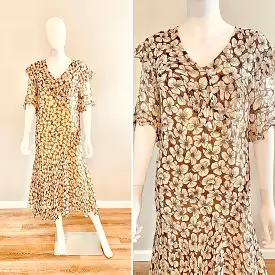 Vintage 1930s Brown Floral Chiffon Dress / 30s Retro Tea Bias Cut Dress / Size S