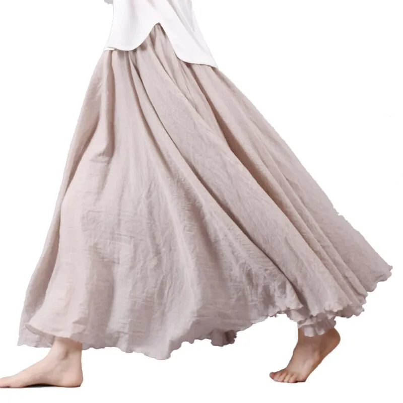 Women Cotton Linen Long Skirts Retro Casual Elastic Waist Pleated Maxi Skirts Beach Boho Vintage Summer Skirts