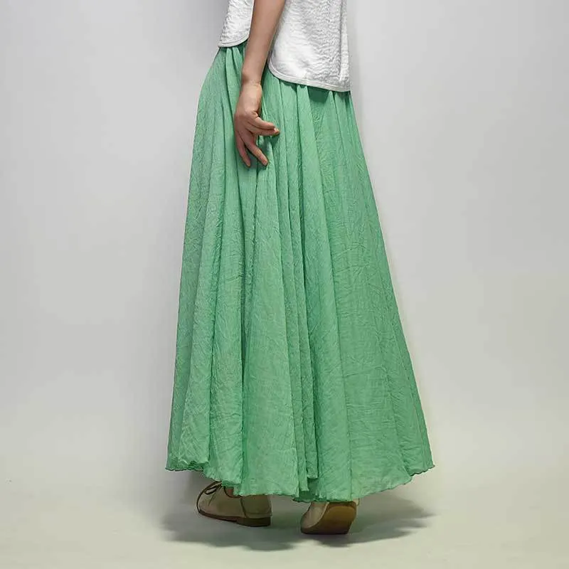 Women Cotton Linen Long Skirts Retro Casual Elastic Waist Pleated Maxi Skirts Beach Boho Vintage Summer Skirts