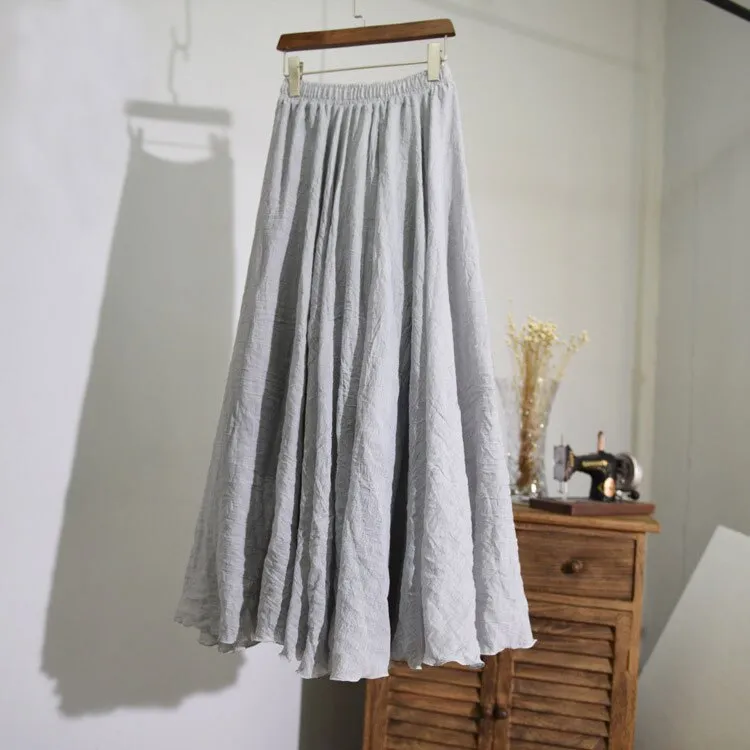 Women Cotton Linen Long Skirts Retro Casual Elastic Waist Pleated Maxi Skirts Beach Boho Vintage Summer Skirts