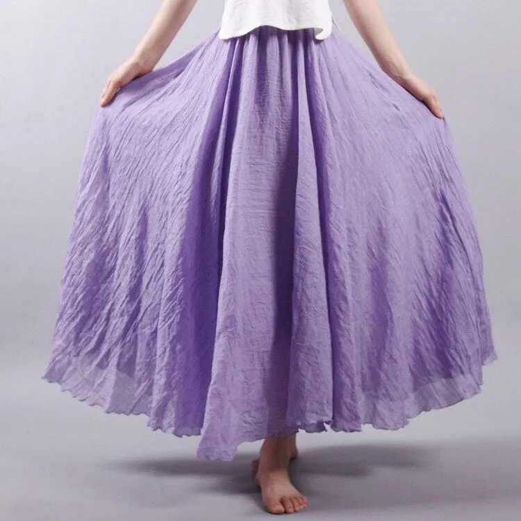 Women Cotton Linen Long Skirts Retro Casual Elastic Waist Pleated Maxi Skirts Beach Boho Vintage Summer Skirts