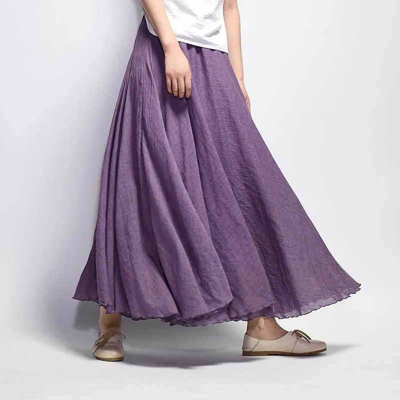 Women Cotton Linen Long Skirts Retro Casual Elastic Waist Pleated Maxi Skirts Beach Boho Vintage Summer Skirts