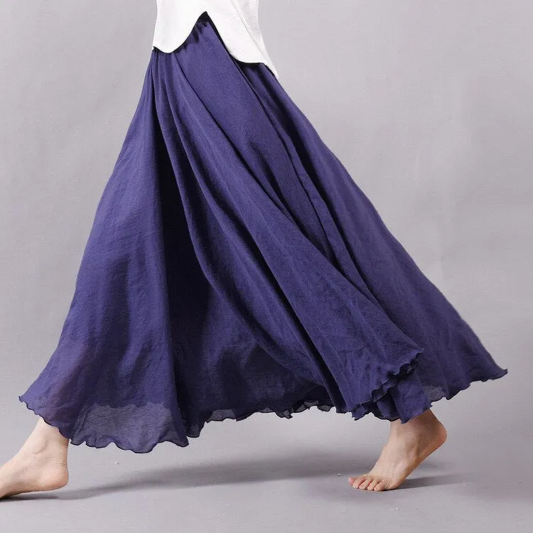 Women Cotton Linen Long Skirts Retro Casual Elastic Waist Pleated Maxi Skirts Beach Boho Vintage Summer Skirts