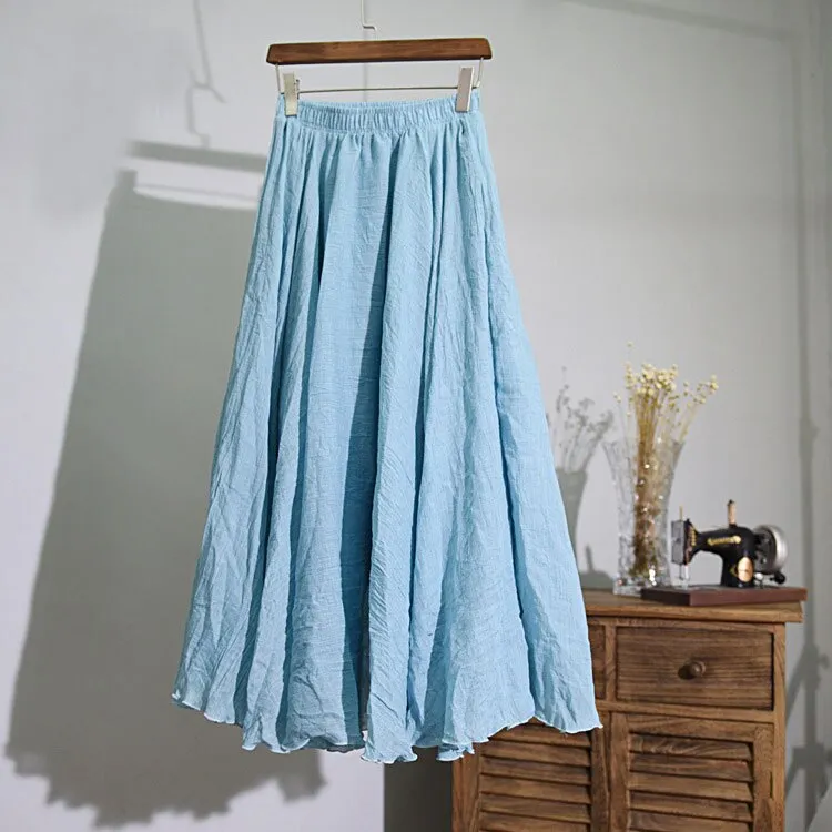 Women Cotton Linen Long Skirts Retro Casual Elastic Waist Pleated Maxi Skirts Beach Boho Vintage Summer Skirts