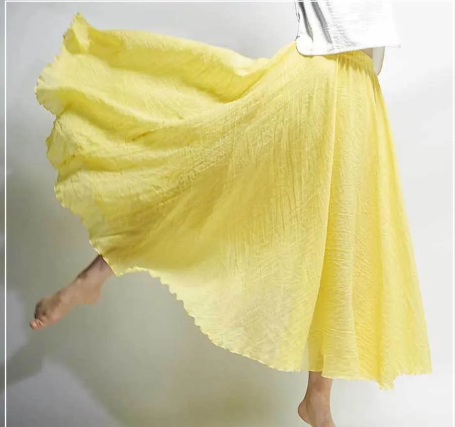 Women Cotton Linen Long Skirts Retro Casual Elastic Waist Pleated Maxi Skirts Beach Boho Vintage Summer Skirts