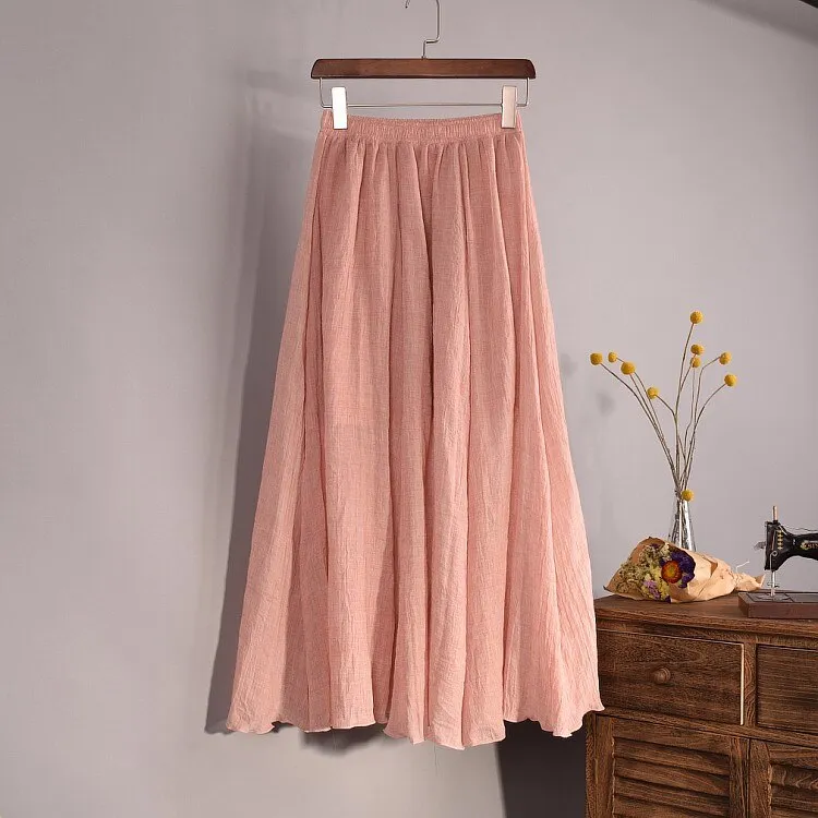 Women Cotton Linen Long Skirts Retro Casual Elastic Waist Pleated Maxi Skirts Beach Boho Vintage Summer Skirts