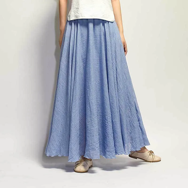 Women Cotton Linen Long Skirts Retro Casual Elastic Waist Pleated Maxi Skirts Beach Boho Vintage Summer Skirts