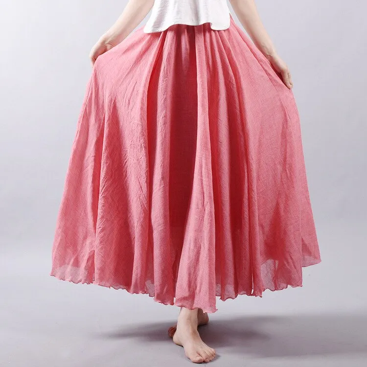 Women Cotton Linen Long Skirts Retro Casual Elastic Waist Pleated Maxi Skirts Beach Boho Vintage Summer Skirts