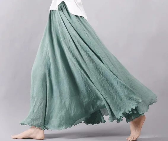 Women Cotton Linen Long Skirts Retro Casual Elastic Waist Pleated Maxi Skirts Beach Boho Vintage Summer Skirts