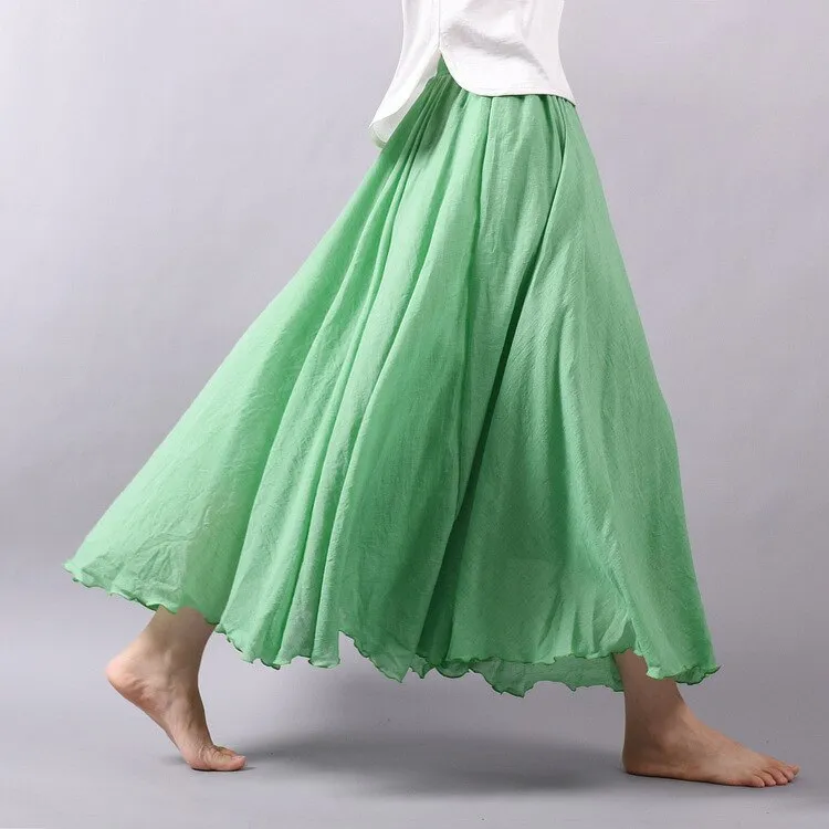 Women Cotton Linen Long Skirts Retro Casual Elastic Waist Pleated Maxi Skirts Beach Boho Vintage Summer Skirts