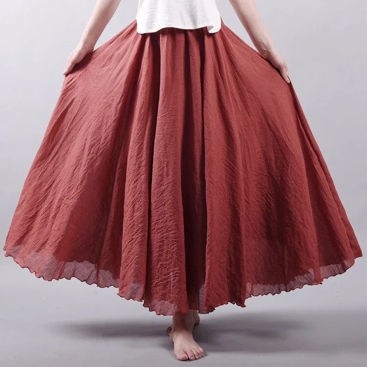 Women Cotton Linen Long Skirts Retro Casual Elastic Waist Pleated Maxi Skirts Beach Boho Vintage Summer Skirts