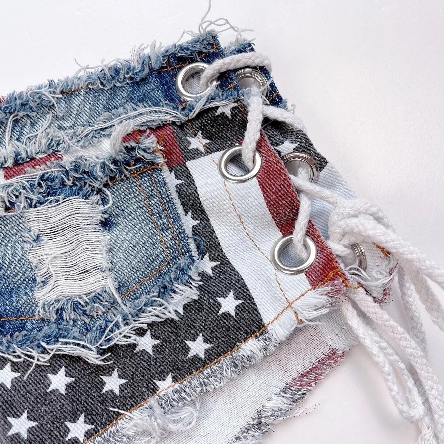 Women's Sexy Bandage Hole USA Flag Patchwork Low Waist Denim Shorts