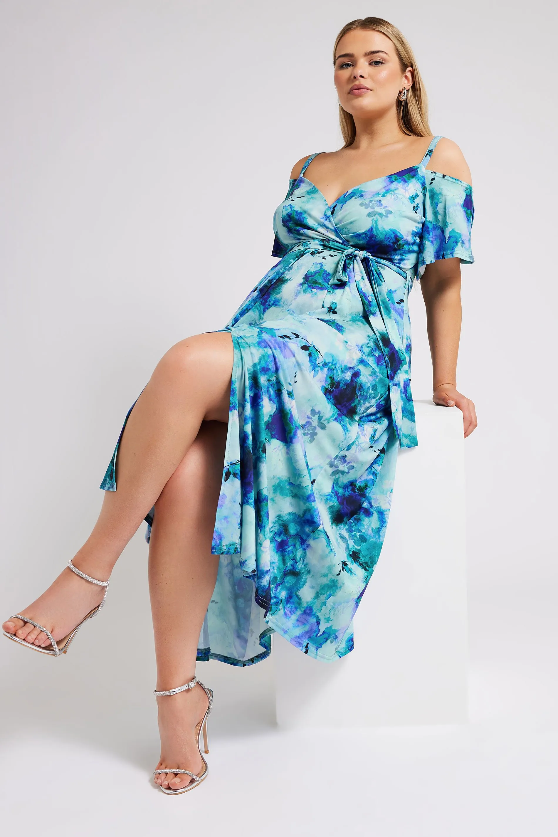 YOURS LONDON Curve Blue Floral Print Cold Shoulder Dress