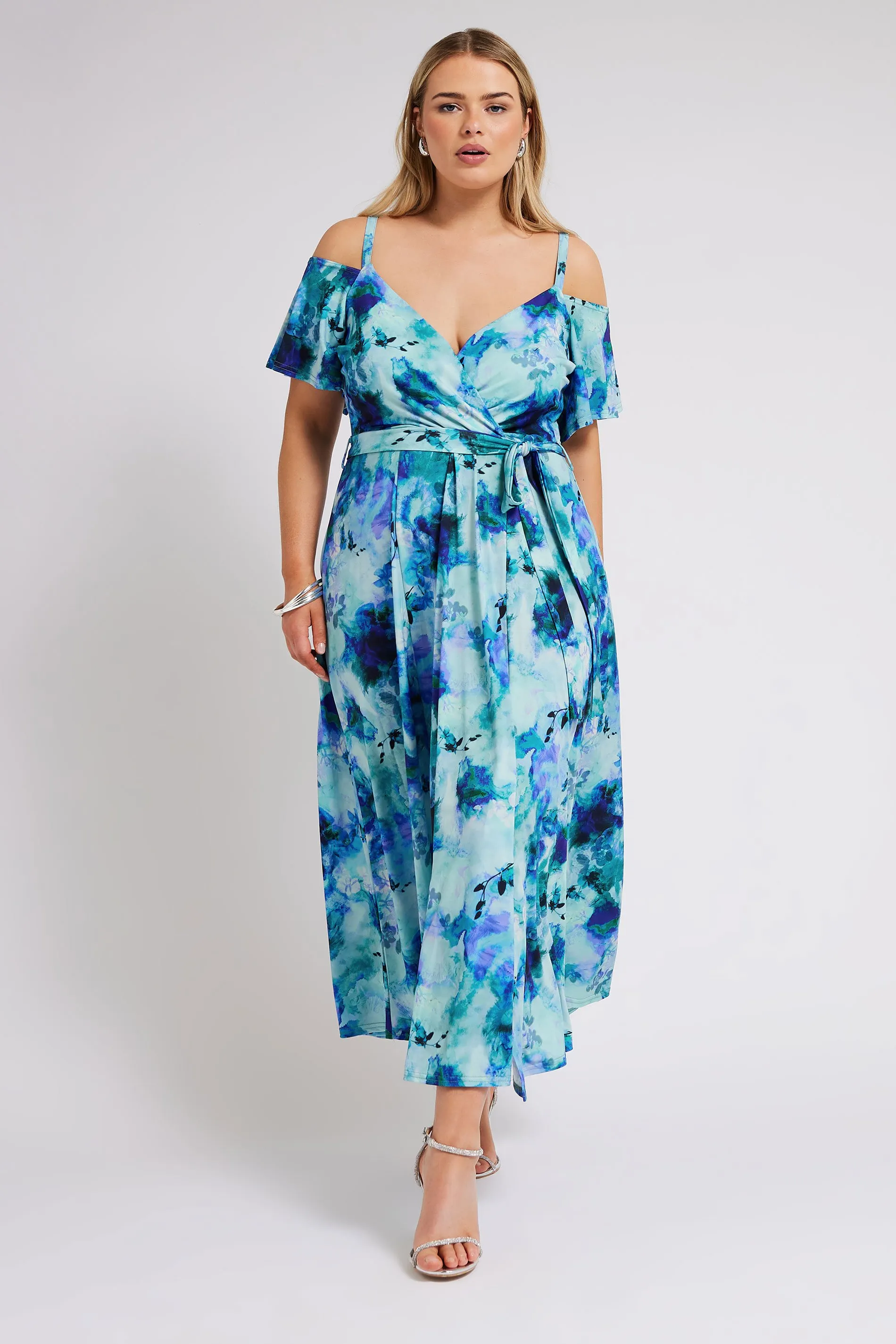 YOURS LONDON Curve Blue Floral Print Cold Shoulder Dress