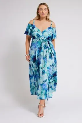 YOURS LONDON Curve Blue Floral Print Cold Shoulder Dress