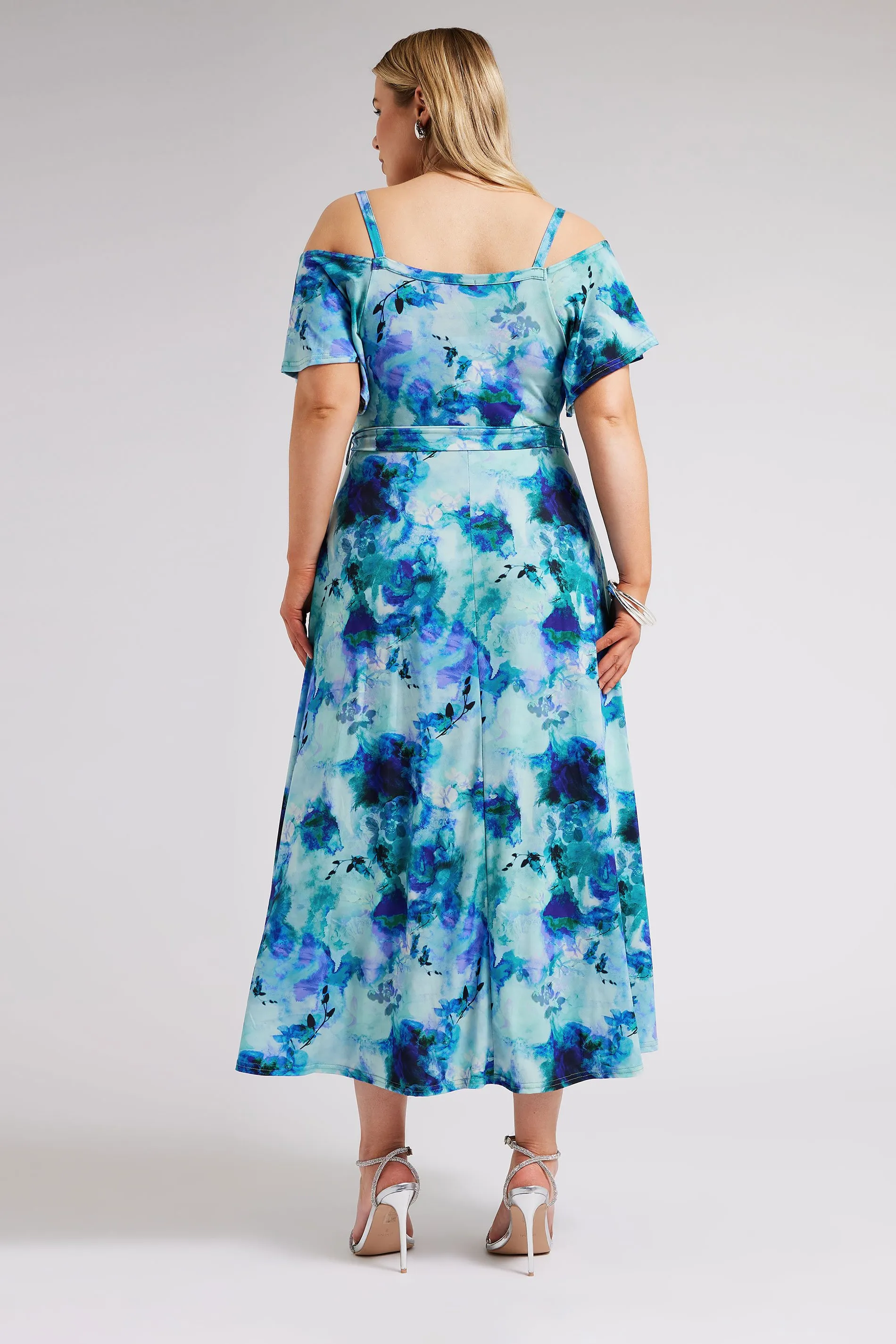 YOURS LONDON Curve Blue Floral Print Cold Shoulder Dress