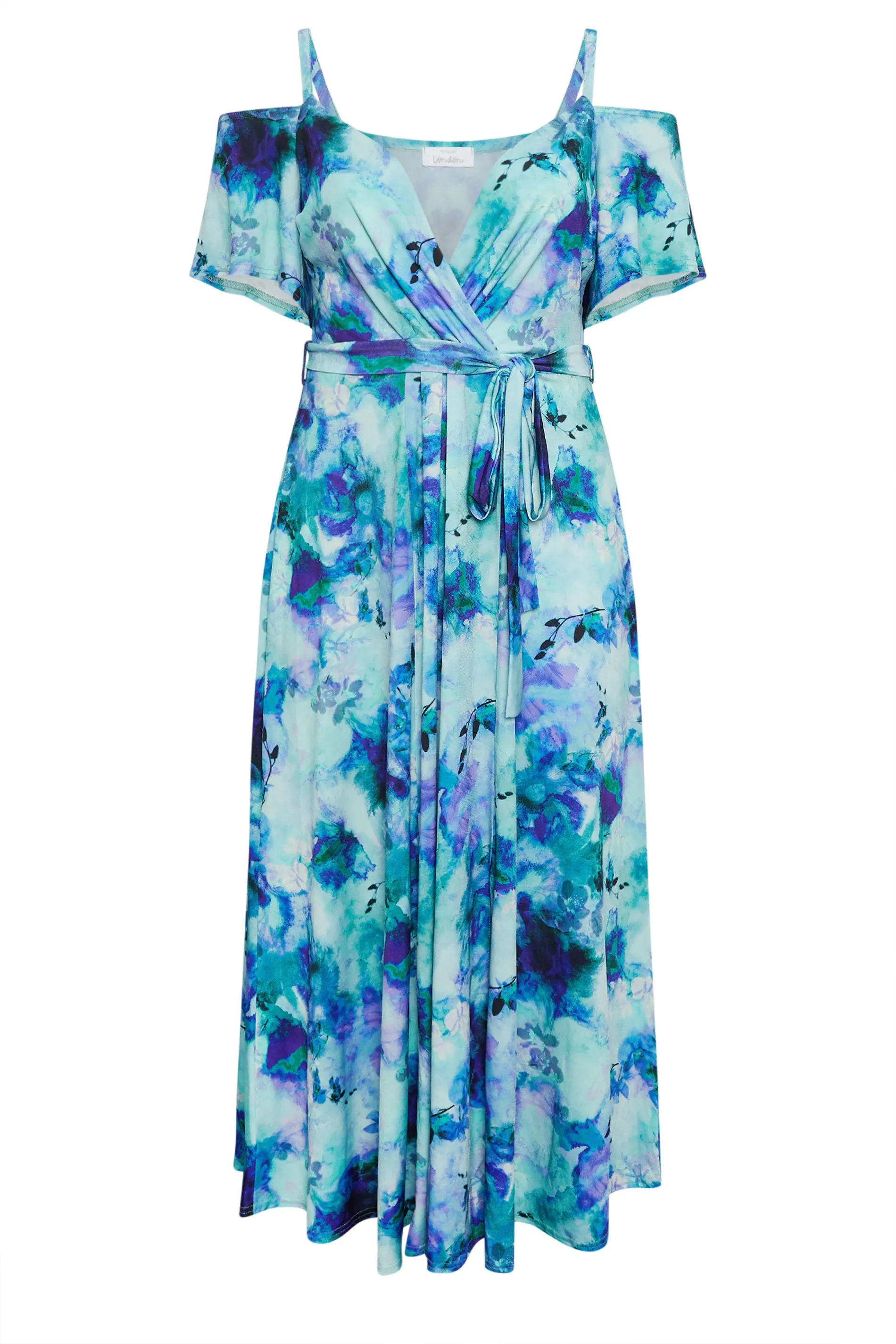 YOURS LONDON Curve Blue Floral Print Cold Shoulder Dress